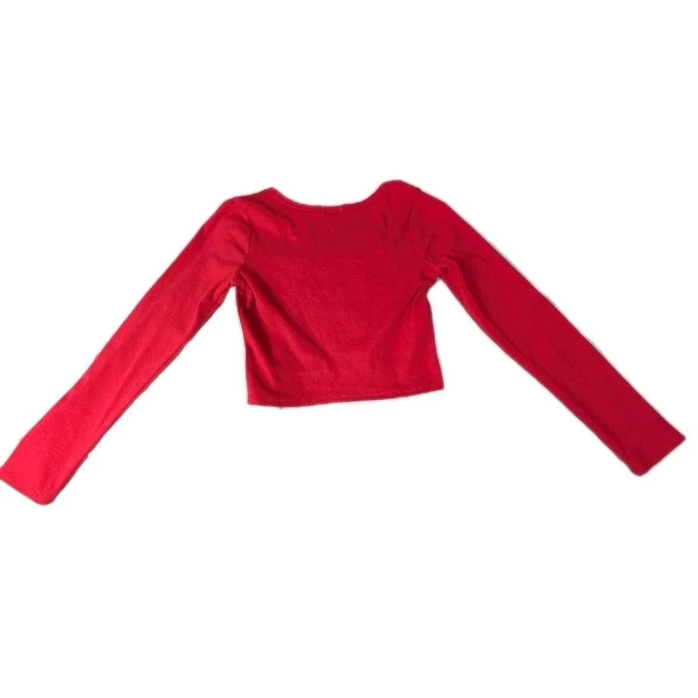 Bozzolo Crop Top Long Sleeve Red Ribbed Square Neck Shirt‎ Size LCotton Blend